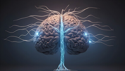 Glowing brain with rotating patterns representing artificial intelligence and data processing. Concept of intellectual capacity. Generative AI