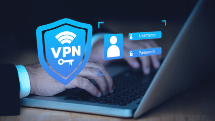 VPN Virtual Private network protocol concept, Person use laptop with virtualscreen of VPN icon for connect to VPN network.