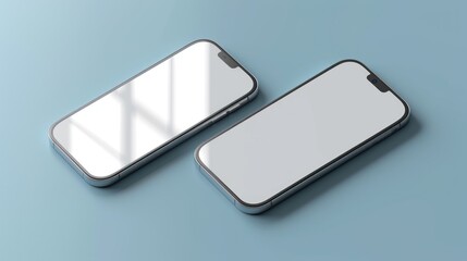 Two horizontal mobile phones mockup isolated on a blue background in flat lay and  rendering. Realistic template of cellphone frame and blank display concept for presentations