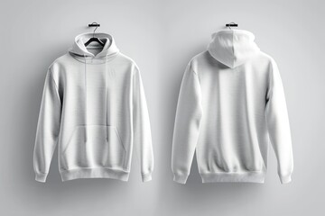 Blank white sweatshirt mockup set, front and back side view. Empty sweat shirt mock up on rack. Clear cotton hoody template. Plain textile hoodie. Loose overall jumper dress for printing.