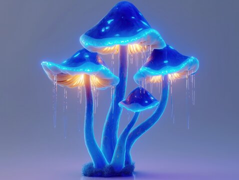 Three dimensional  of blue glowing liberty caps (Psilocybe semilanceata)