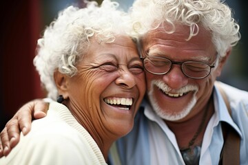 Elderly couple in front of a building, beaming with joy. AI generated