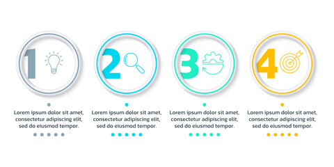4 step, option infographic with business icons. Process diagram, timeline info graphic design elements. Modern layout, flow chart with four numbers and 3d circles. Vector illustration.