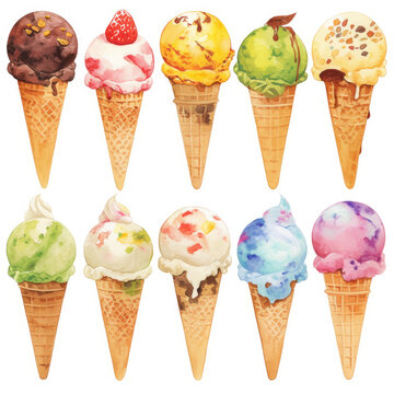 collection of ice cream cone, soft watercolor painting style, on white background