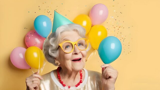 Cheerful grandmother with balloons celebrating birthday party. Happy grandma old woman wearing party hat on yellow pastel background