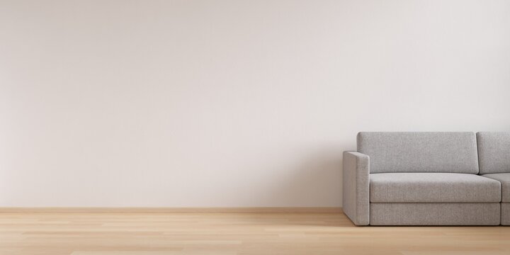 Modern interior of living with white wall and wooden floor. Empty space for products presentation or text for advertising.
