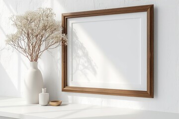 Horizontal frame with passepartout on white wall with dry gypsophila plant in vase. Blank mockup for artwork, print or photo presentation.
