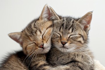 Naklejka na ściany i meble Two cute gray kittens sleeping in an embrace on a white background. Concepts: love, care, warmth, lovers, Valentine's day