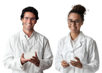 A laboratory person wear glasses in white uniform, smiling while holding a petri dish, A smart and correct laboratory service. Transparent background.