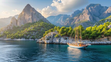 Fototapeta na wymiar Boat in the sea with beautiful mountains in the background, luxury summer holiday in the seaside