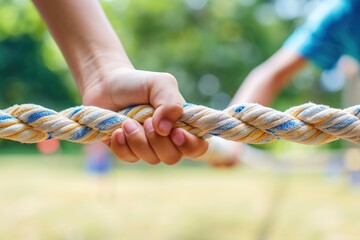 kid children hands holding rope playing tug of war during joint outdoors games on sunny day.Game, challenge, unity, responsibility, cooperation, ready, help, Outdoor activity game.tug of war. teamwork - obrazy, fototapety, plakaty