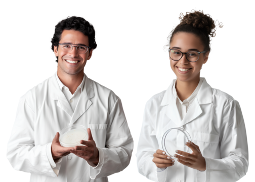 A laboratory person wear glasses in white uniform, smiling while holding a petri dish, A smart and correct laboratory service. Transparent background.