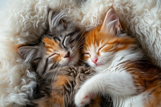 Gray and orange cute kittens sleeping in an embrace on a on a fur blanket. Concepts: love, care, warmth, lovers, Valentine's day