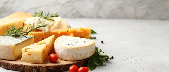 Board with tasty cheese on light grunge background with space for text