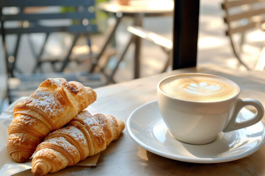 The scene of coffee and croissant on a café terrace. Depicts a relaxed moment outdoors.
