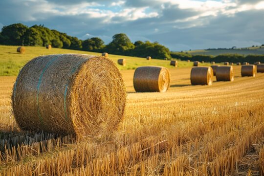Hay bales appear golden in the sunlight on a farm near Llyswen, Wales.
