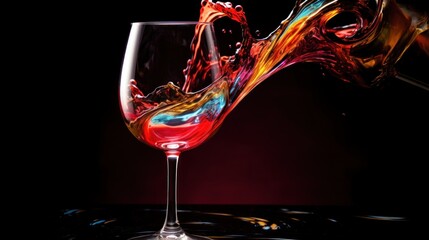 A glass of wine being poured into a red colored liquid, AI