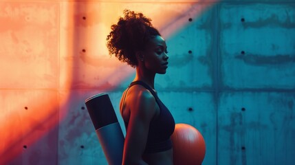 Afro-american fit woman holding pilates ball in the gym outdoor, smiling