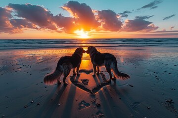 Two dogs standing on a heart drawn on the sand and kissing against the backdrop of sunset on the ocean shore. Concepts: Valentine's Day, love, lovers, freedom