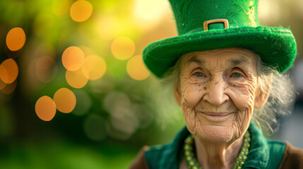 Senior woman in green hat with clover. old woman St. Patrick's Day celebration. active retirement. An old woman wearing a green hat - obrazy, fototapety, plakaty