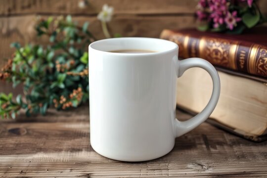 Mug Mockup. Coffee Cup Template. Coffee Mug Printing Design Template. White Mug Mockup, Old Book and Flower, Wooden Background. Blank Mug. Mockup Styled Stock Product Image