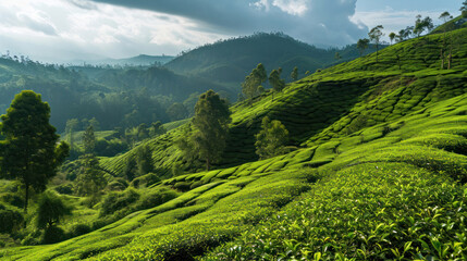 Green hillside with green tea fields. Aerial view of lush green tea plantations in the hilly area. Copy space. space for text