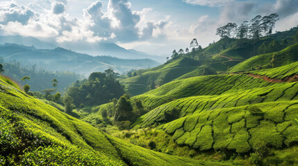 Green hillside with green tea fields. Aerial view of lush green tea plantations in the hilly area. Copy space. space for text