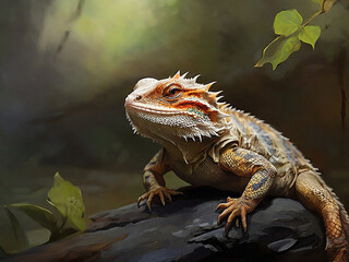 Artistic Painting of Bearded Dragon in Natural Environment