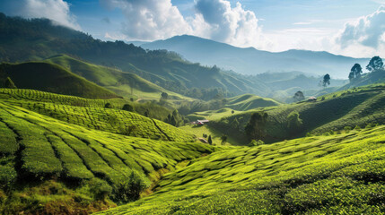 Green hillside with green tea fields. Aerial view of lush green tea plantations in the hilly area. Copy space. space for text