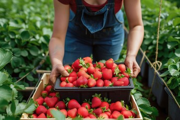 Farmer arranging strawberries in box at farm