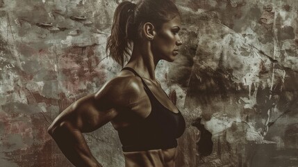 Fit woman doing exercises in confidence, grunge style - obrazy, fototapety, plakaty