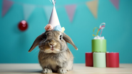 Funny rabbit with birthday party hat on background