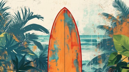 Yellow surfboard on a tropic beach with palm trees around, illustration - obrazy, fototapety, plakaty