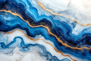 Fluid art texture. Background with abstract mixing paint effect. Liquid acrylic artwork that flows and splashes for interior poster, card, banner. Ocean waves, water, sea. Blue, gold and white colors