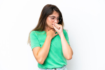 Young caucasian woman isolated on white background coughing a lot