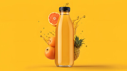 mockup of glass Bottle of freshly squeezed juice with splashes on orange background. advertising photo of juice.