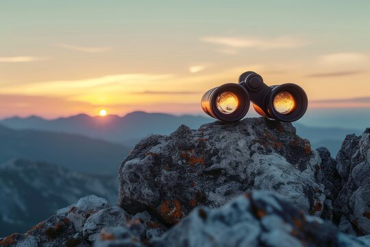 binoculars on top of rock mountain at beautiful sunset background.