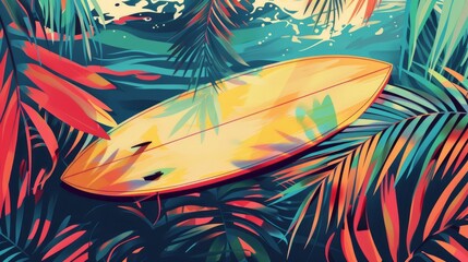 Yellow surfboard on a tropic beach with palm trees around, illustration