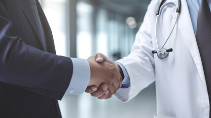 Doctor And Businessman Shaking Hands In Front Of Blurred Hospital Background - Generative AI