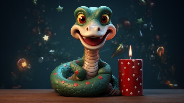 Happy New Year 2025. Illustration of a cute snake with candles.