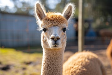 close up of an Alpaca looking at the camera in full sun