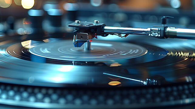 A close-up shot of a record player needle delicately touching a vinyl record, capturing the resurgence of analog audio and the timeless allure of vinyl in the digital age.