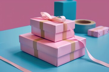Pink parcels stuck with tape to blue table.
