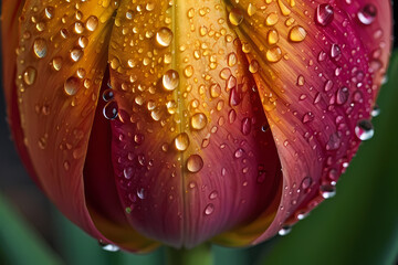 Extreme close-up of raindrops on the vibrant petals of a tulip.