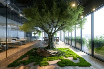 Biophilic home or office interior with a tree in the middle - modern design with nature integrated 