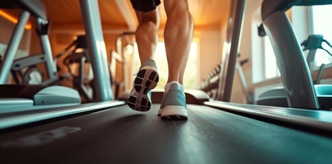 Close up shoes man's muscular legs feet during running on treadmill workout
