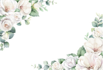 Watercolor vector floral border. White roses and greenery. Branches of eucalyptus. Wedding, greetings, wallpapers, fashion, fabric, home decoration. Hand painted illustration.