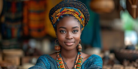 A gorgeous and pretty black woman in traditional accessories smiles with joy. - obrazy, fototapety, plakaty