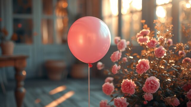 A Bunch of Pink Flowers and a Pink Balloon