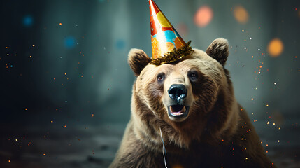 Funny grizzly bear with birthday party hat on background - obrazy, fototapety, plakaty